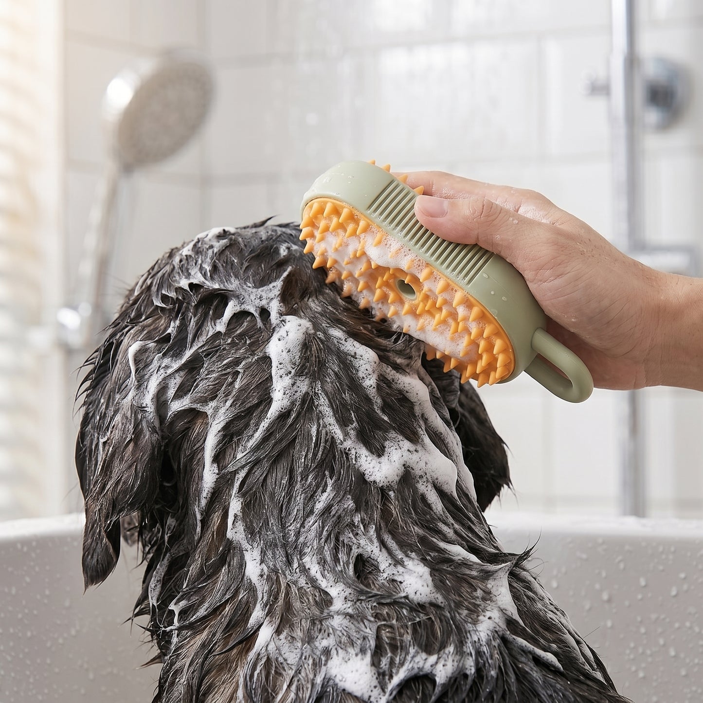 3-in-1 Electric Pet Grooming Brush used to massage shampoo into a dog's coat during bath time