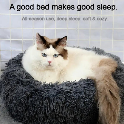 Ultimate Cozy Calming Fluffy Shaggy Donut Pet Bed - Self-Warming Plush Nest for Cats & Dogs with Anti-Slip Design for Maximum Comfort and Anxiety Relief