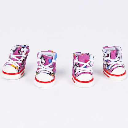 Stylish and Waterproof Denim Pet Sneakers - 4-Piece Anti-Slip Shoe Set for Small Dogs and Cats