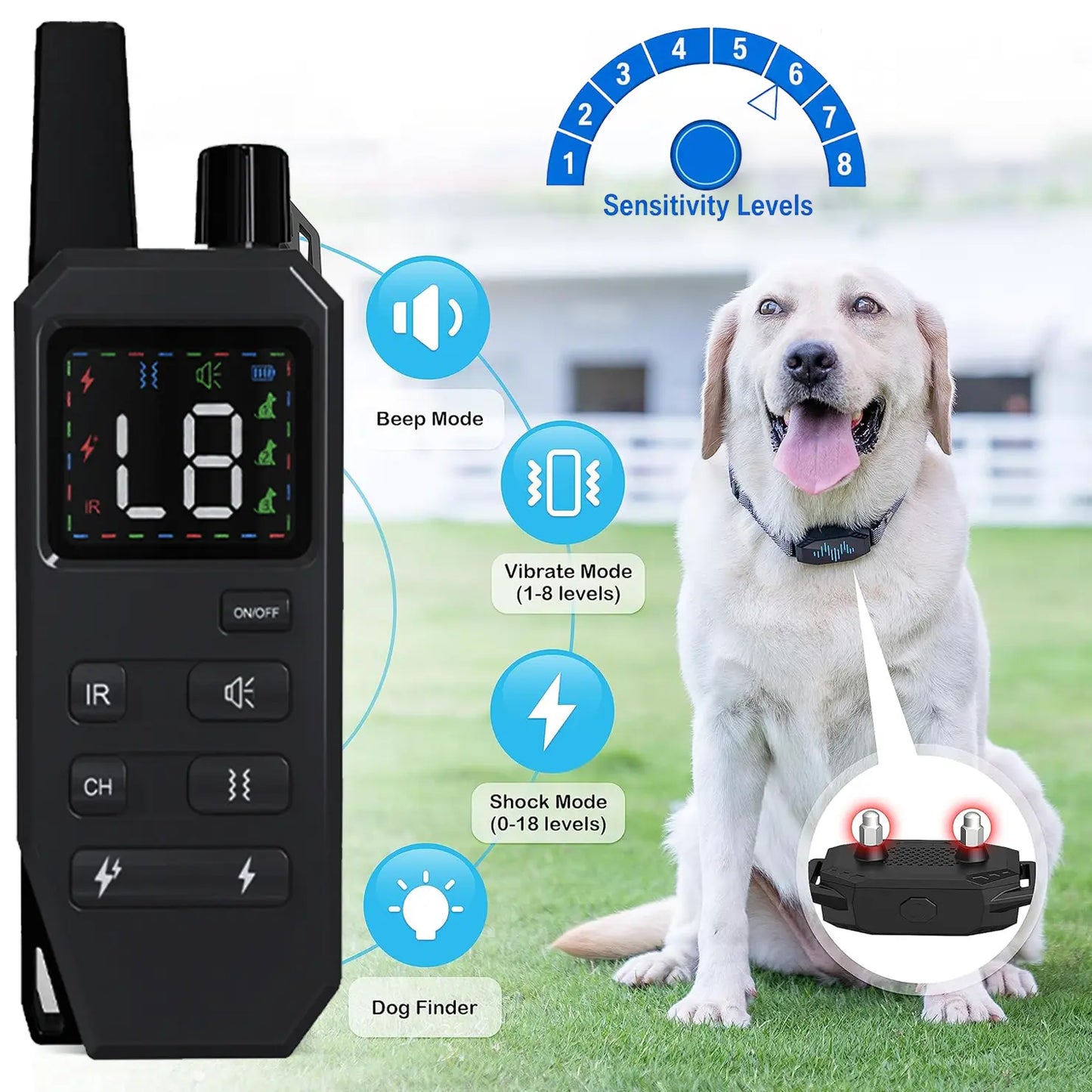 Ultimate Dog Training Collar with Shock, Vibration, Buzzer & LED Light – IPX7 Waterproof, Low Voltage, Anti-Bark & Anti-Bite Features for All Breeds