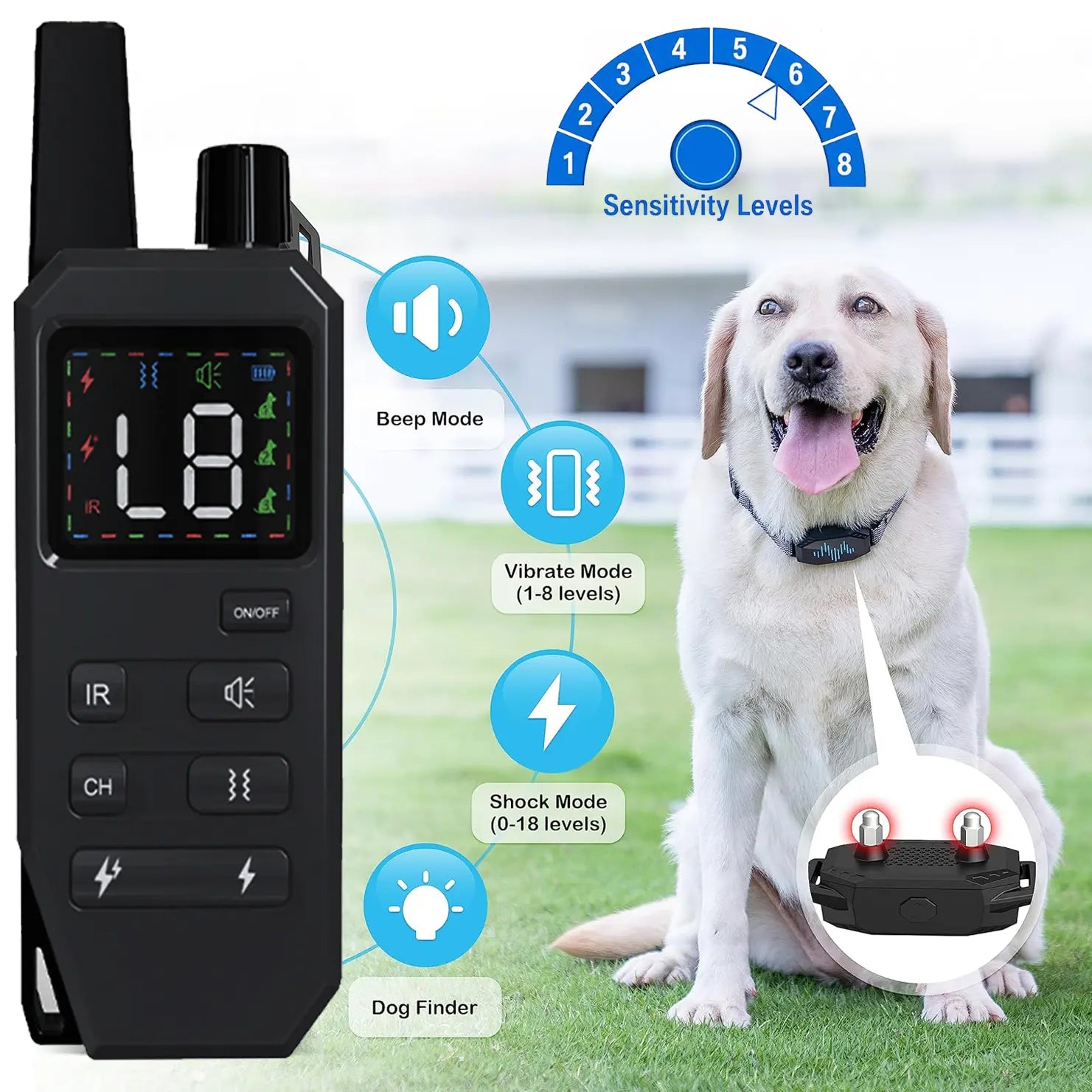 Ultimate Dog Training Collar with Shock, Vibration, Buzzer & LED Light – IPX7 Waterproof, Low Voltage, Anti-Bark & Anti-Bite Features for All Breeds