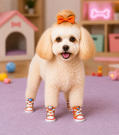 Stylish and Waterproof Denim Pet Sneakers - 4-Piece Anti-Slip Shoe Set for Small Dogs and Cats