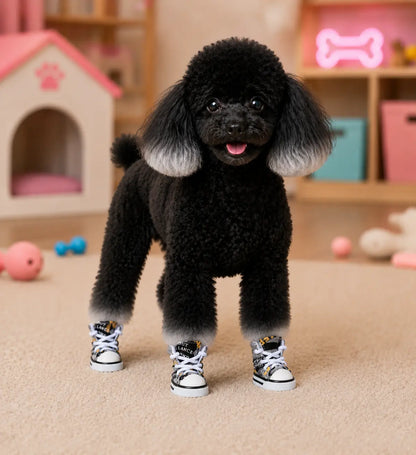 Stylish and Waterproof Denim Pet Sneakers - 4-Piece Anti-Slip Shoe Set for Small Dogs and Cats