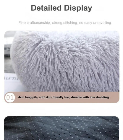 Ultimate Cozy Calming Fluffy Shaggy Donut Pet Bed - Self-Warming Plush Nest for Cats & Dogs with Anti-Slip Design for Maximum Comfort and Anxiety Relief