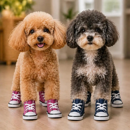 Stylish and Waterproof Denim Pet Sneakers - 4-Piece Anti-Slip Shoe Set for Small Dogs and Cats