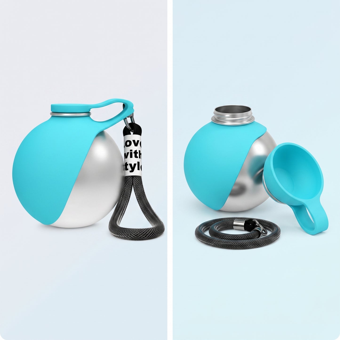 Portable Dog Water Dispenser in teal, studio views with clip and collapsible cup
