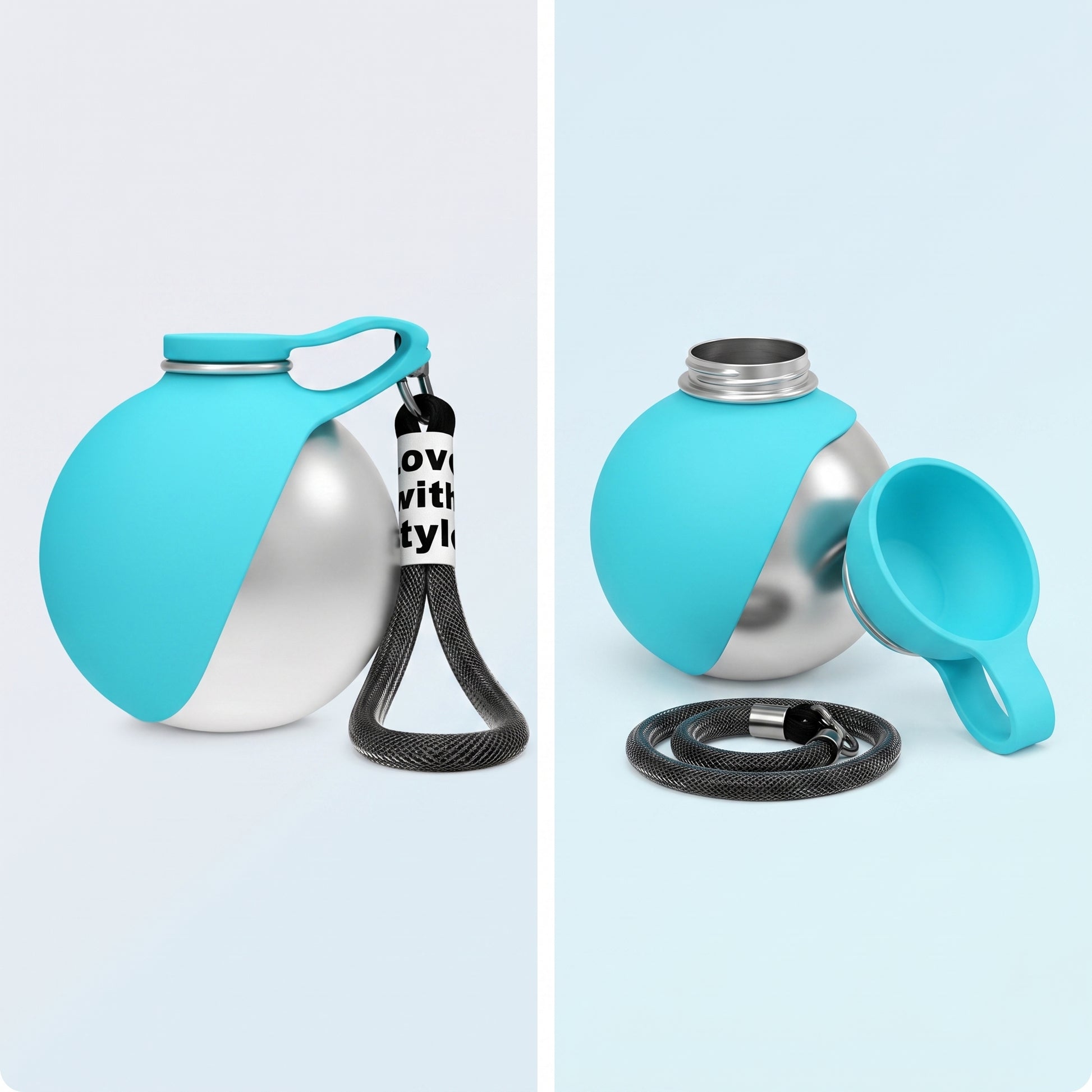 Portable Dog Water Dispenser in teal, studio views with clip and collapsible cup