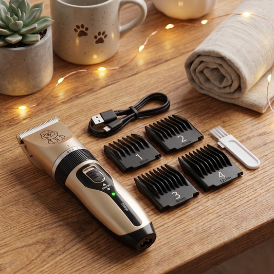 Pet Electric Hair Clipper flat lay with 4 comb guides, USB charging cable and cleaning brush on a wooden surface