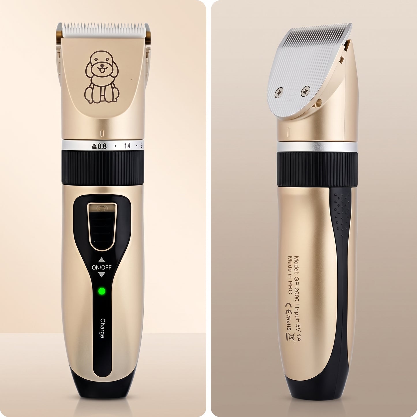 Pet Electric Hair Clipper front and side views showing precision blade and controls