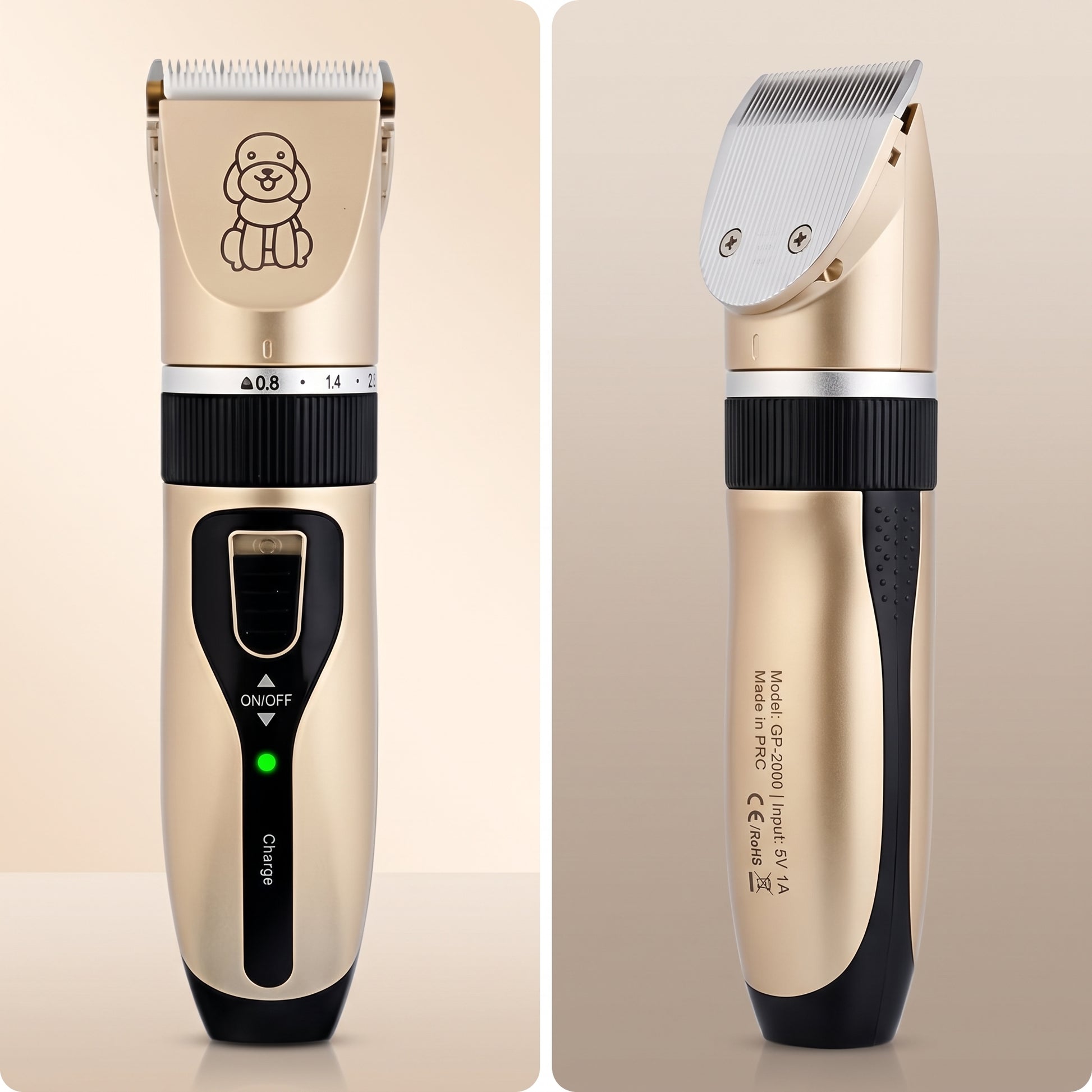 Pet Electric Hair Clipper front and side views showing precision blade and controls