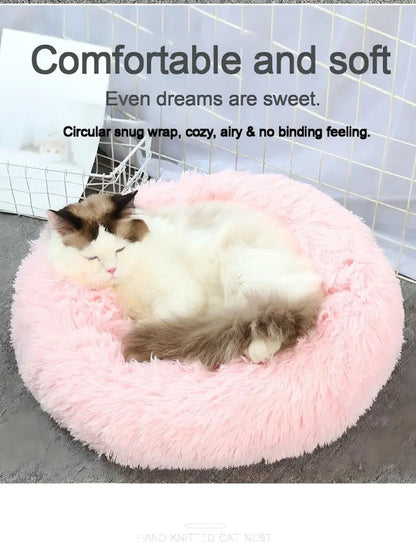 Ultimate Cozy Calming Fluffy Shaggy Donut Pet Bed - Self-Warming Plush Nest for Cats & Dogs with Anti-Slip Design for Maximum Comfort and Anxiety Relief