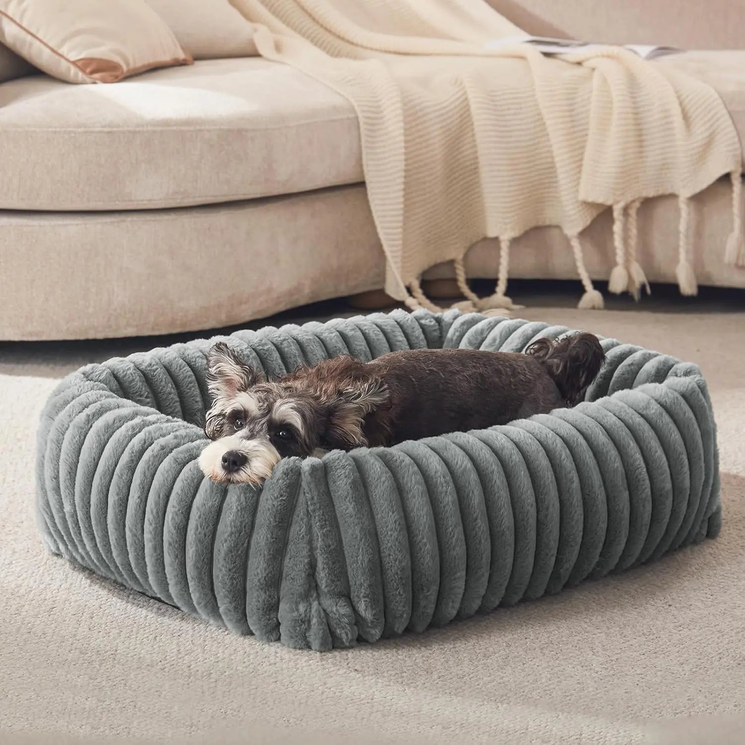 Luxurious Orthopedic Dog Bed for Small Dogs - Washable and Cozy Calming Cuddler with Anti-Slip Base in Grey (20"x19"x6")