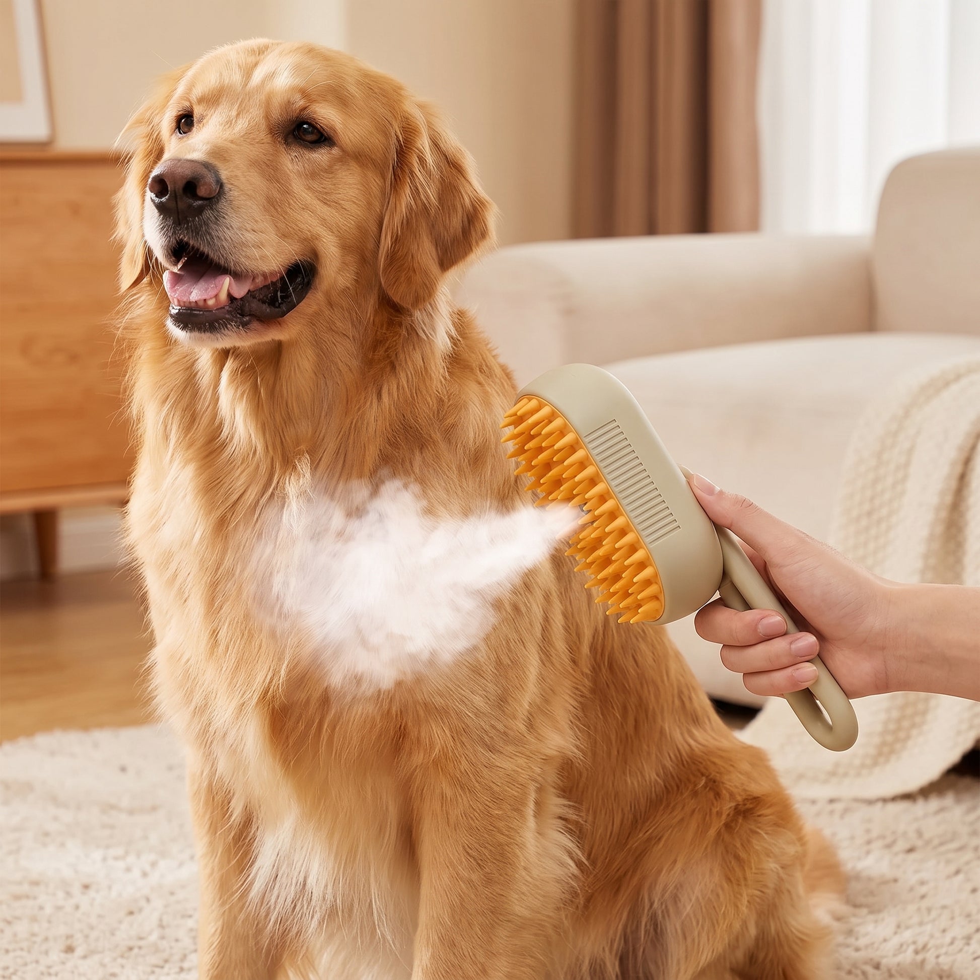 3-in-1 Electric Pet Grooming Brush being used on a Golden Retriever at home, with visible water spray and loose fur being lifted