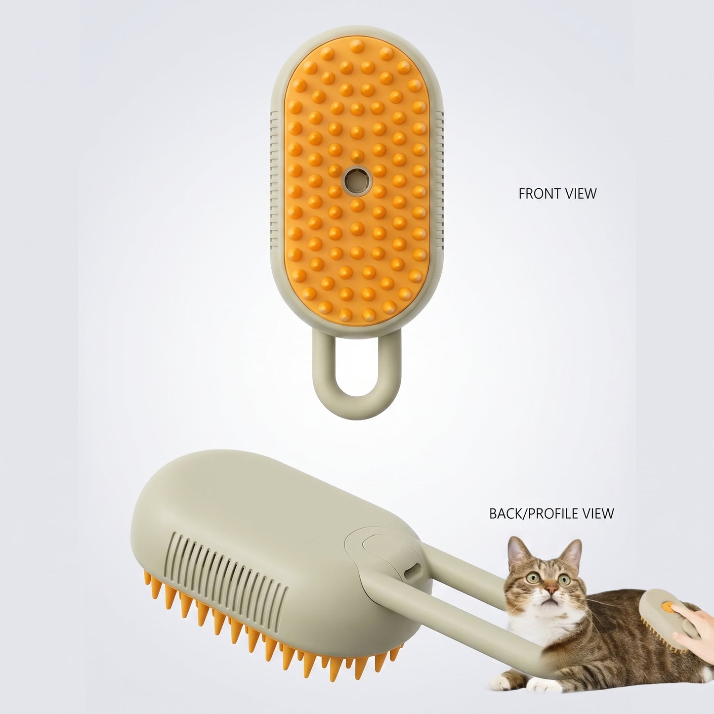 3-in-1 Electric Pet Grooming Brush front and back profile view, shown in use grooming a cat