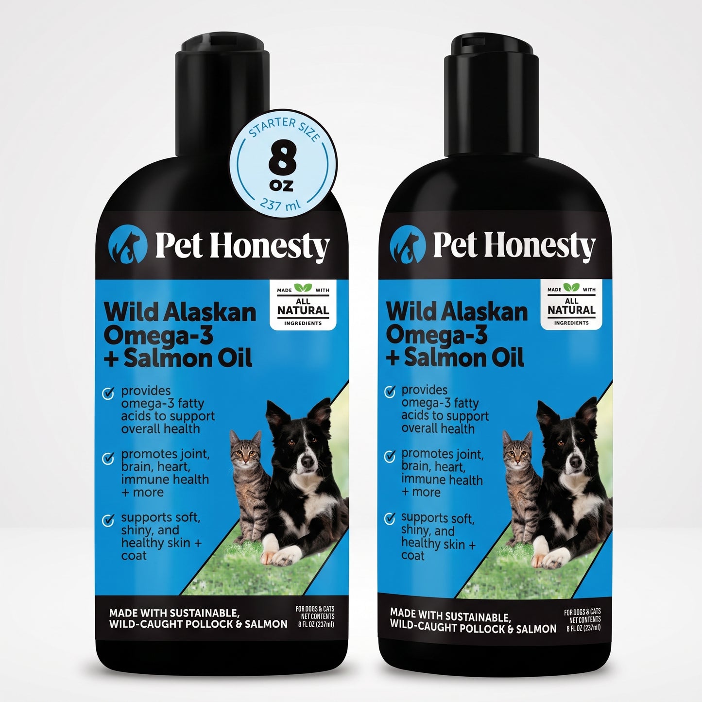 Wild Alaskan Omega-3 Salmon Oil, two bottles with 8oz starter size badge