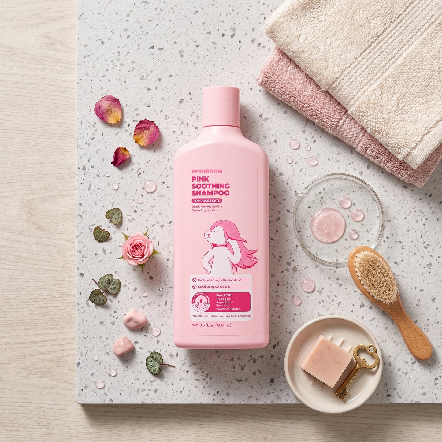 Pethroom Pink Soothing Shampoo flat lay with rose petals, towels, soap and a grooming brush