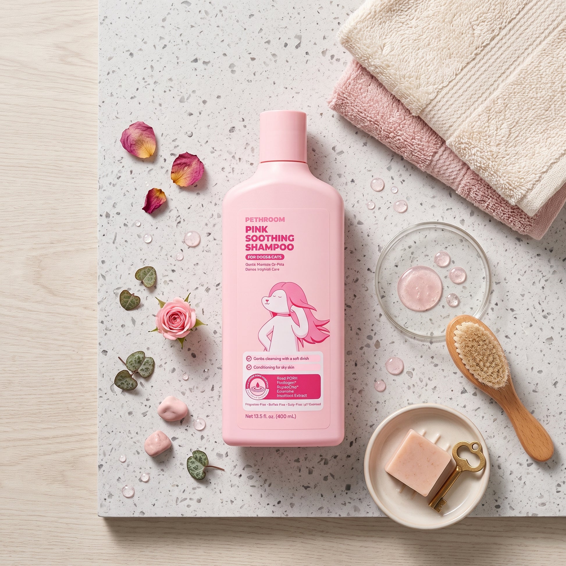 Pethroom Pink Soothing Shampoo flat lay with rose petals, towels, soap and a grooming brush