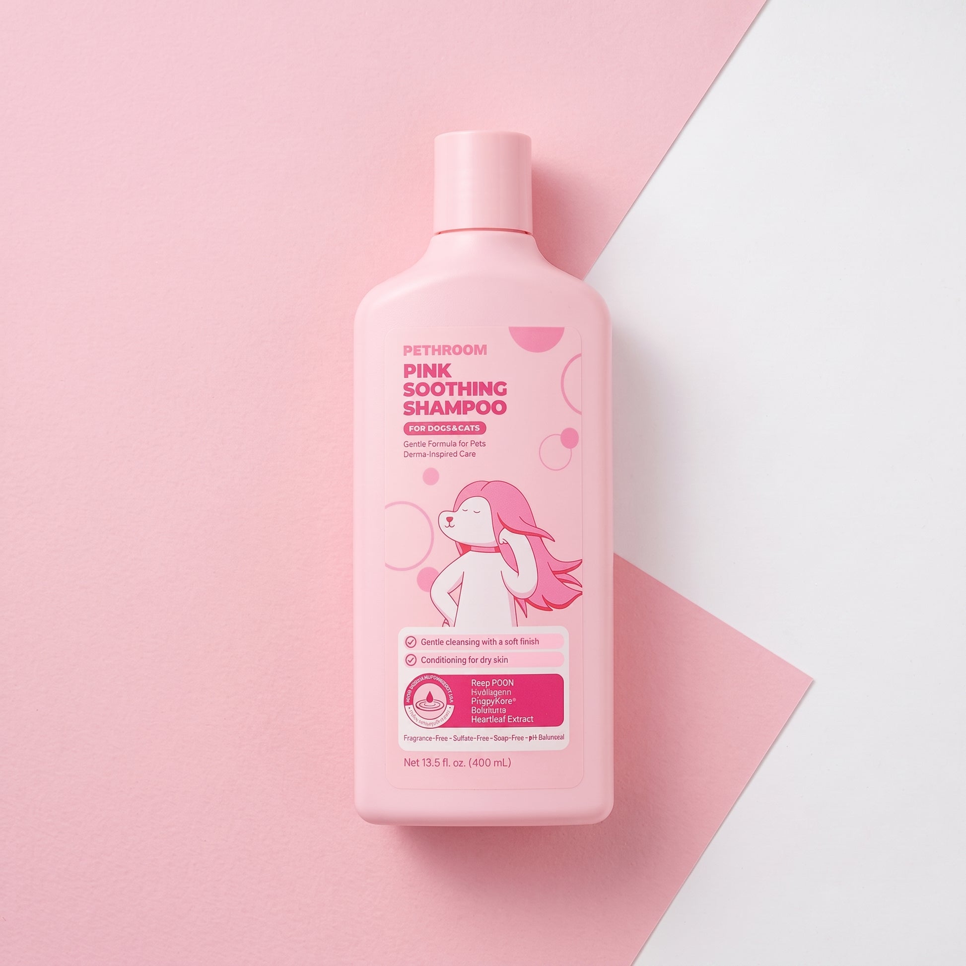 Pethroom Pink Soothing Shampoo for dogs and cats, single 400mL bottle on a pink and white background