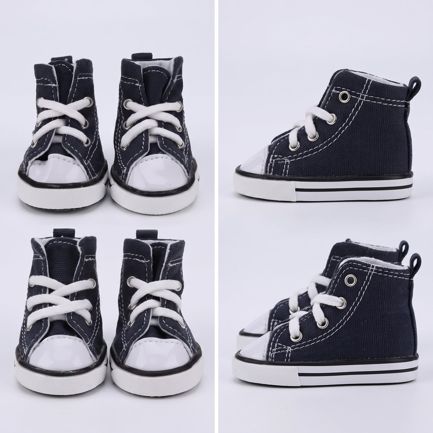 Waterproof Denim Pet Sneakers in navy, front pair and side profile views