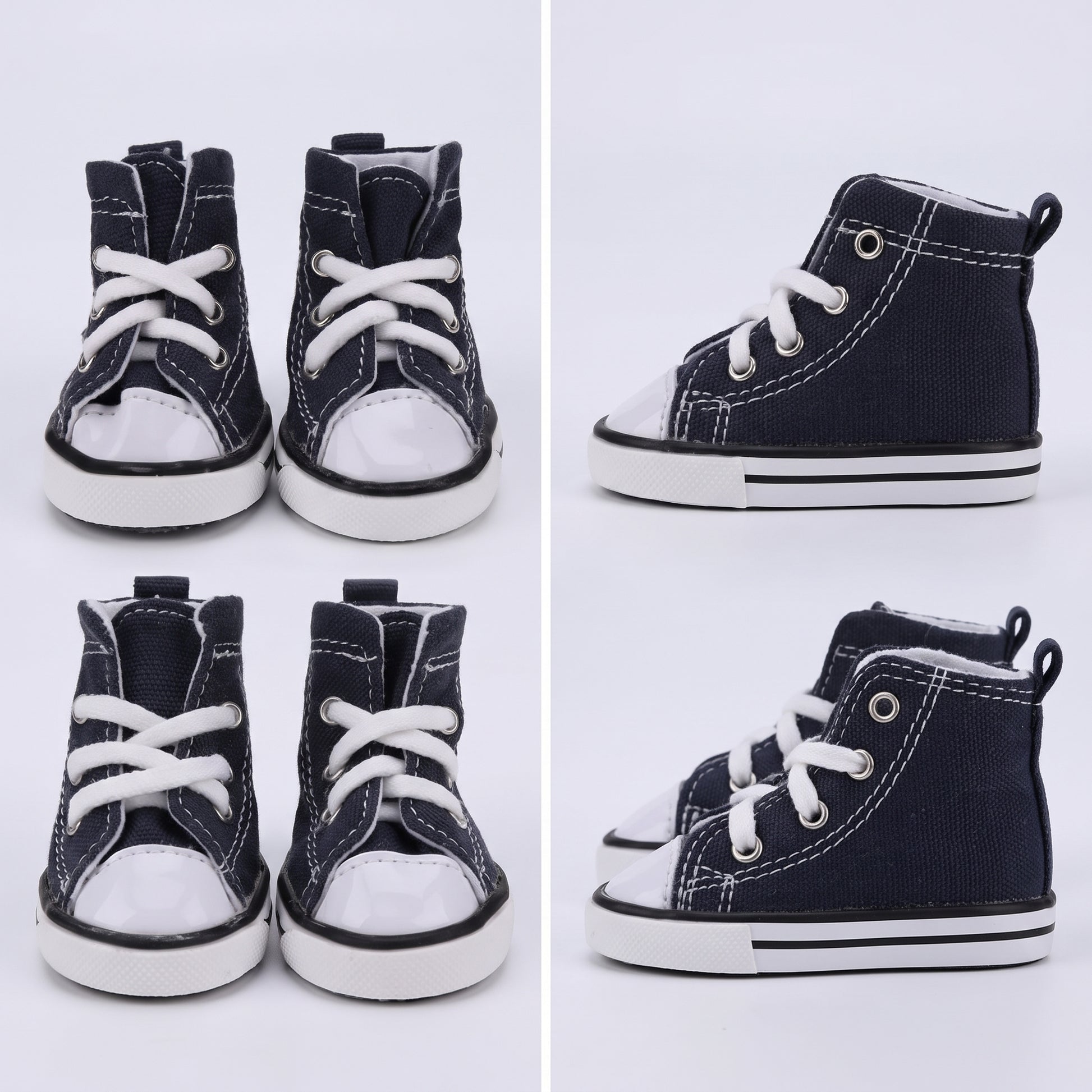 Waterproof Denim Pet Sneakers in navy, front pair and side profile views