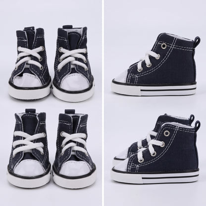 Waterproof Denim Pet Sneakers in navy, front pair and side profile views