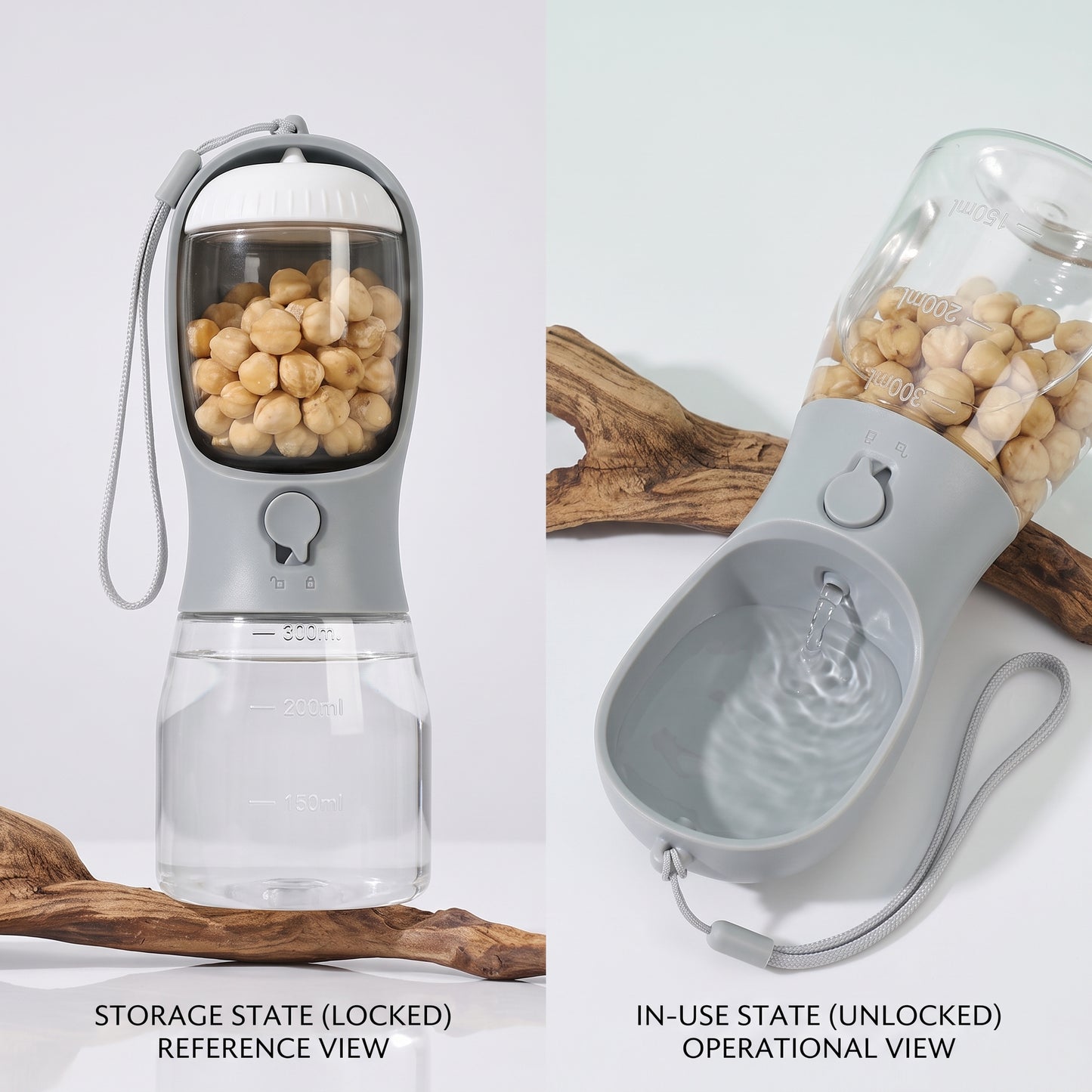 3-in-1 Portable Dog Water Bottle - storage and in-use views